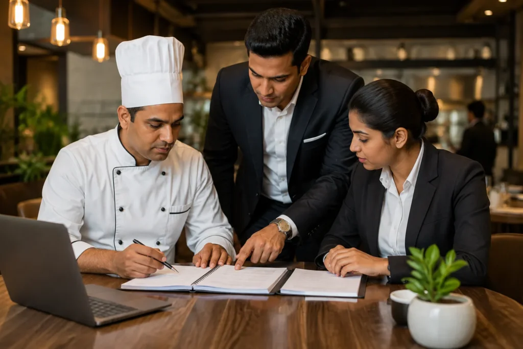 Hotel SOP writing services consultant discussing documented procedures with a restaurant supervisor