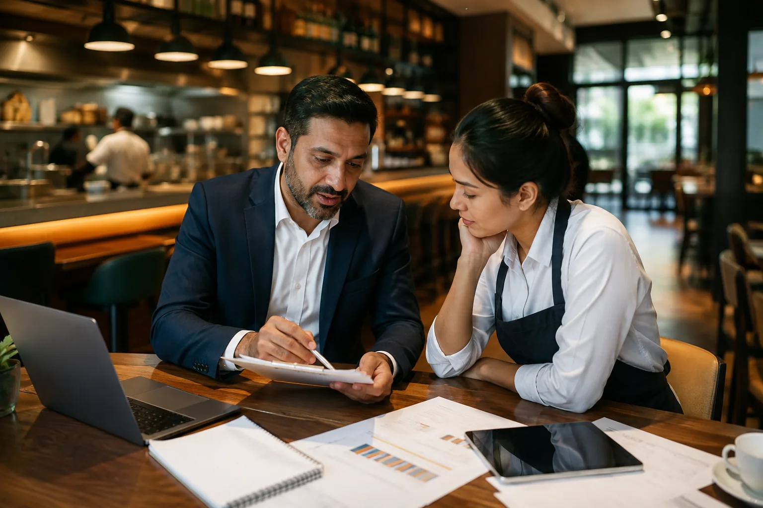 Restaurant operations consultant reviewing service standards with a chef and manager in an Indian restaurant
