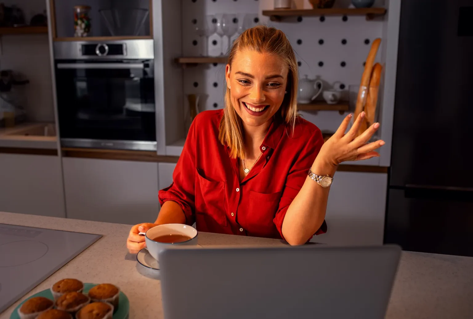 Woman taking baking courses online from her home kitchen