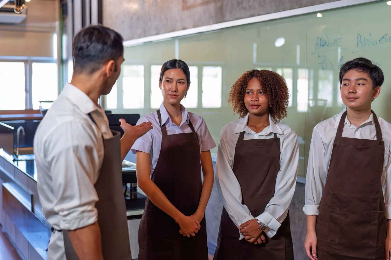 Food and beverage diploma trainees listening to their trainer in a restaurant
